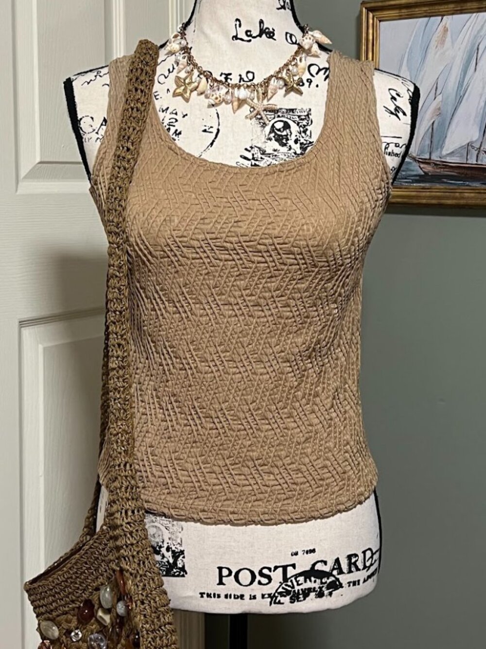 Vintage Aria SZ M Khaki Crinkle Tank Top Made in USA 90s Granola Fairy Grunge